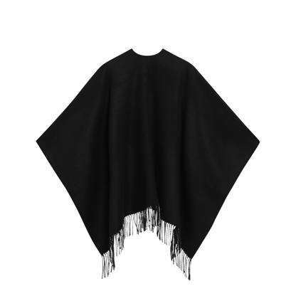 Reversible Wool Check Cape with Fringes in Black - Image 2