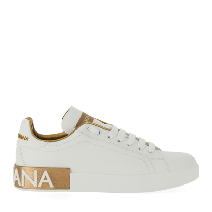White Calfskin Low-Top Sneakers with Gold Details - Image 2