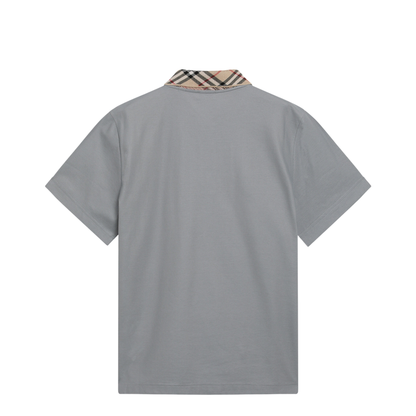 Grey Cotton Polo with Check Collar - Image 2