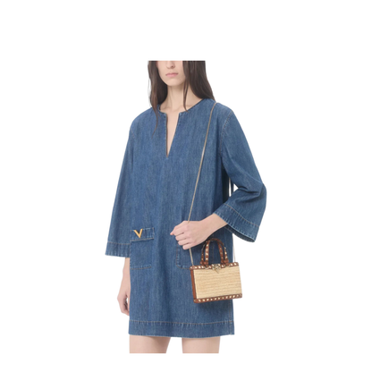 Rockstud Mini Raffia Shopping Bag - Natural/Saddle Brown - Image 3
