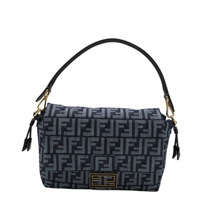 Mamma Baguette Medium Denim-Effect FF Jacquard Shoulder Bag - Dark Blue - Image 2