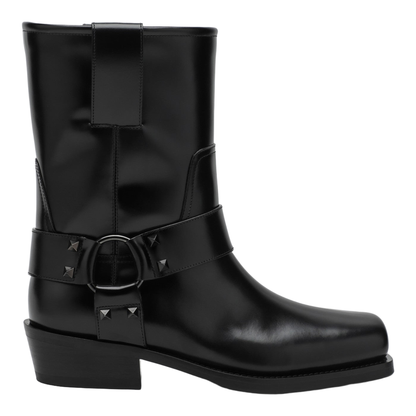 Black Leather Biker Rockstud Low Boot - Image 1