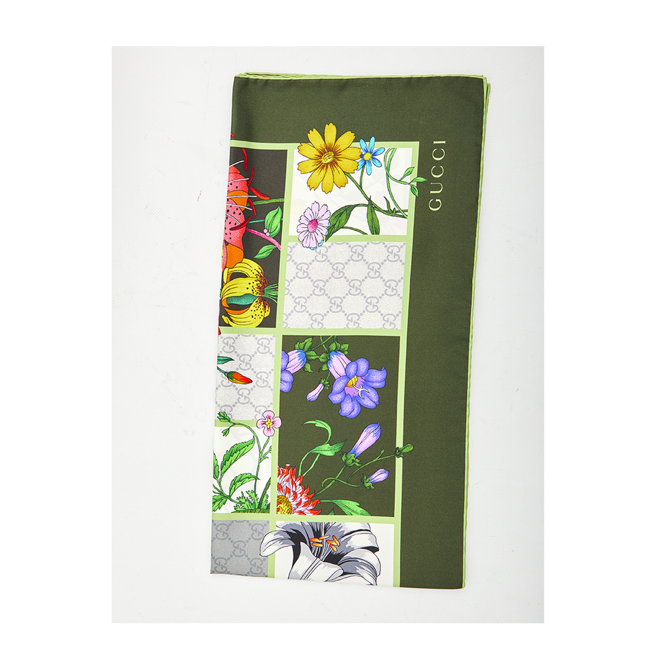 Green Silk Twill Scarf with Flora Print - Image 1
