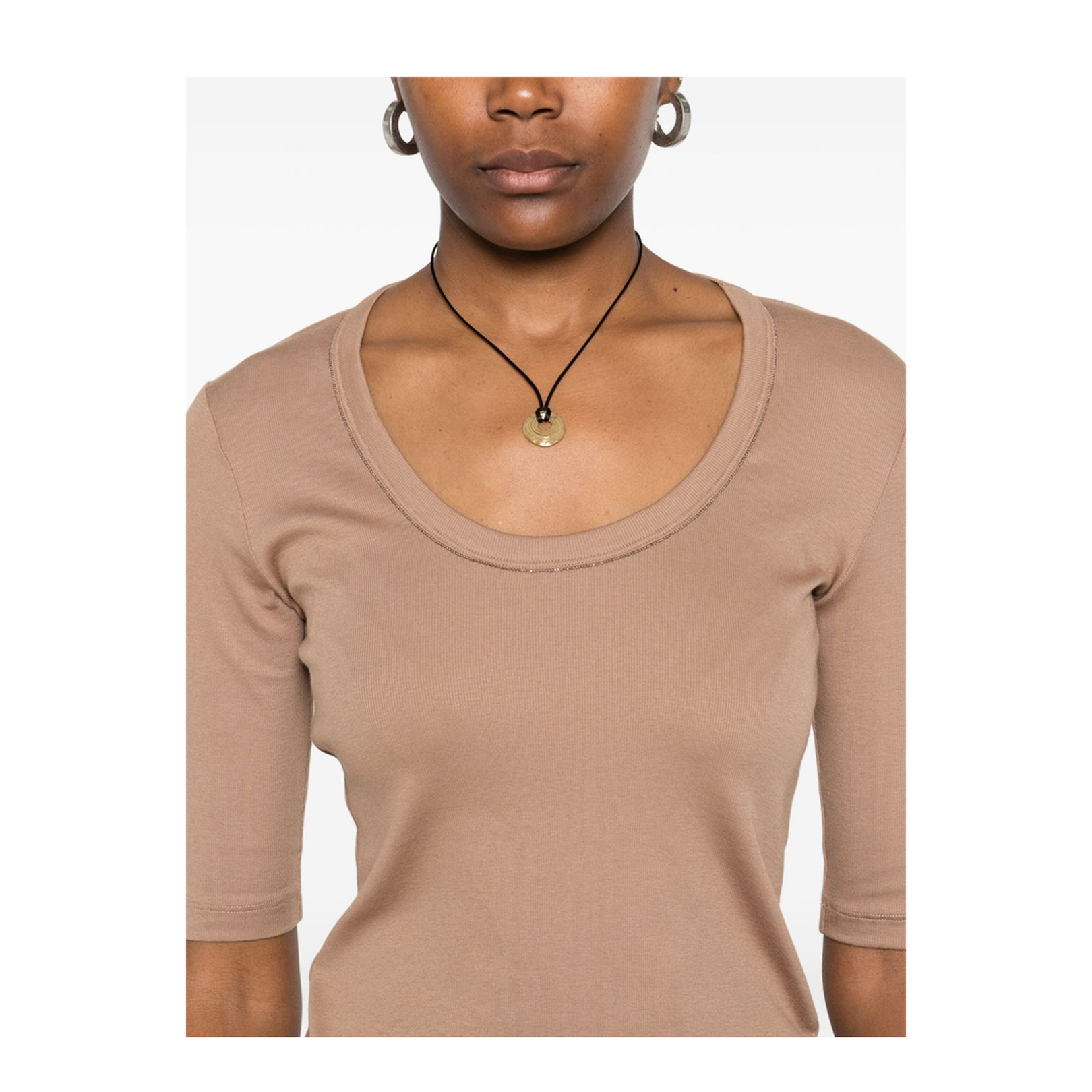 Embellished Cotton-Blend Short Sleeve Top Camel - Image 4
