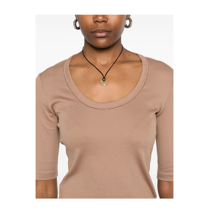 Embellished Cotton-Blend Short Sleeve Top Camel - Image 4