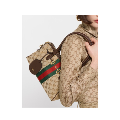 Borsetto Medium Boston Bag in Sand and Brown Canvas - Image 4