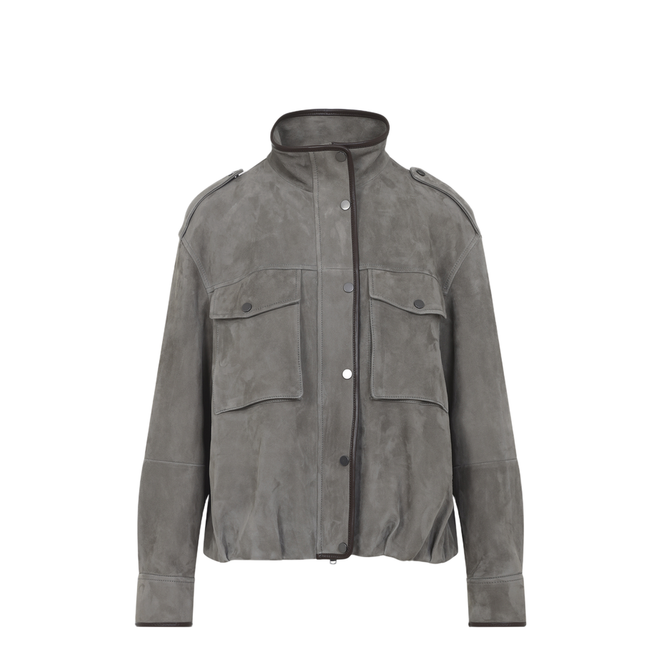 Faded Green Jacket With High Neck And Front Patch Pockets In Suede - Image 1