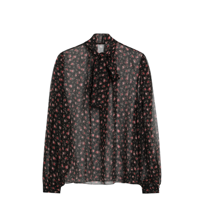 Black Chiffon Blouse with Small Rose Print - Image 1