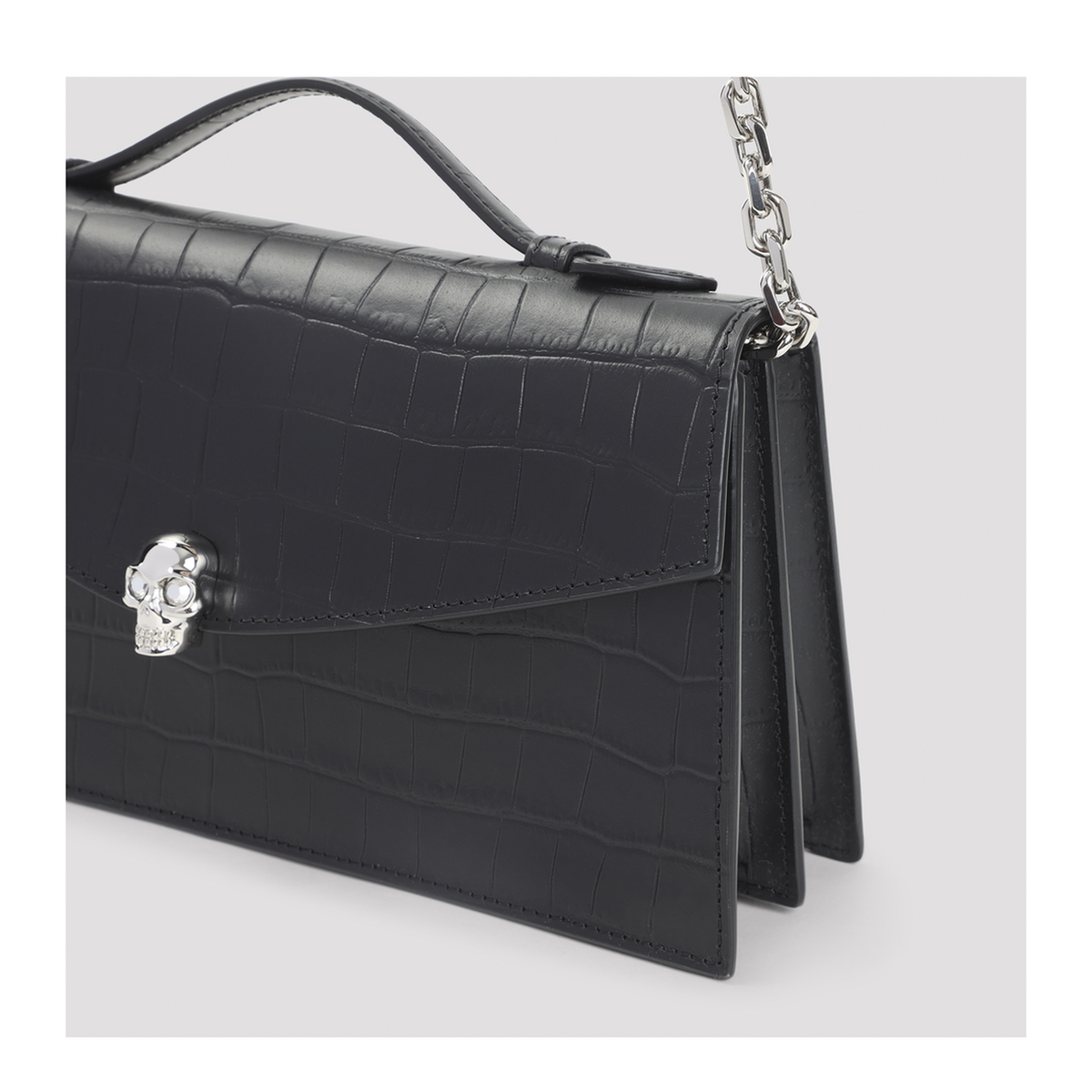Skull Top Handle Calf Leather Shoulder Bag - Black - Image 5
