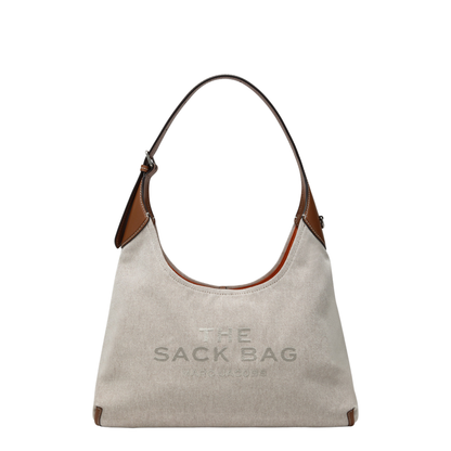 Contemporary Canvas with Leather Trim Belted Sack Bag - Beige - Image 1