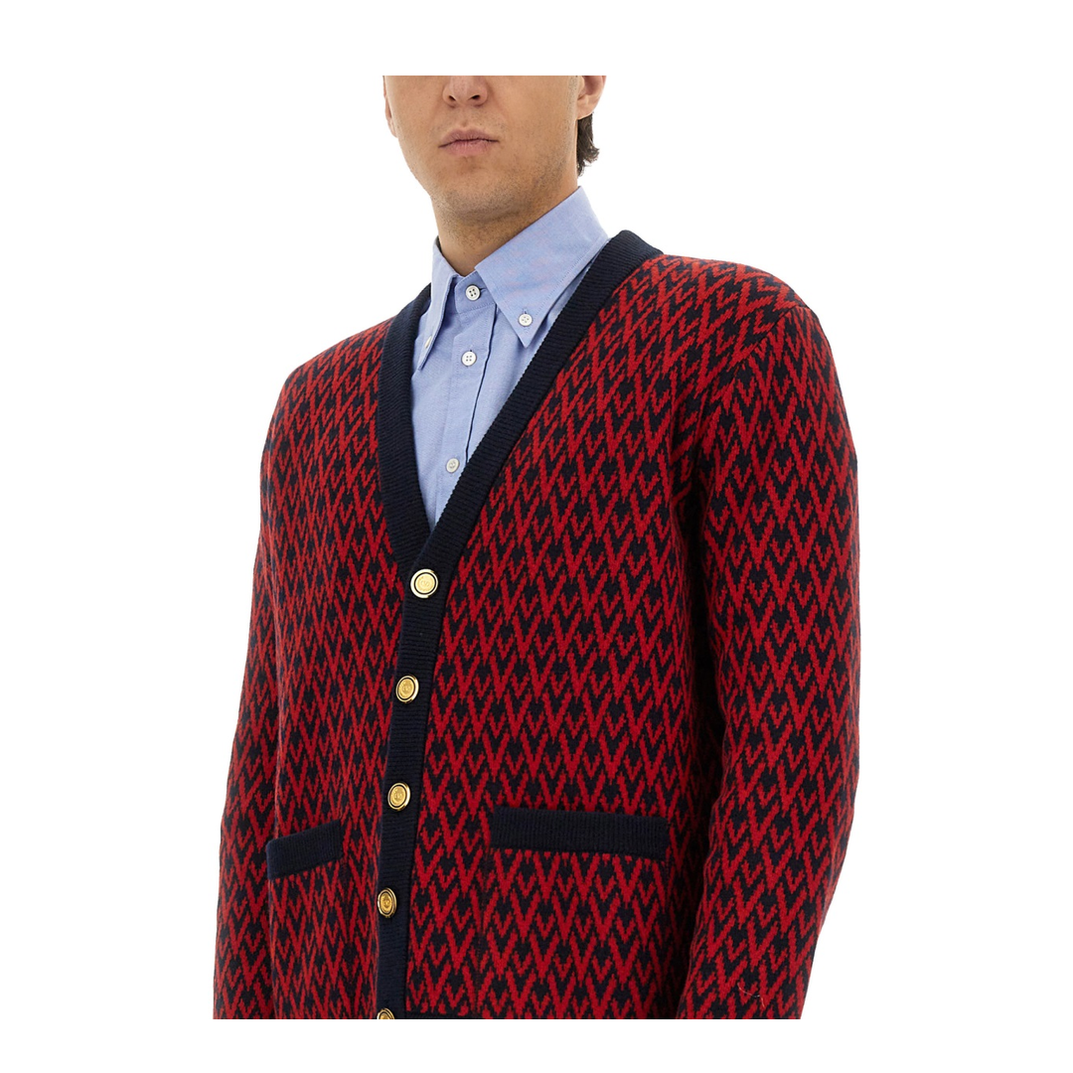 Navy and Red Wool V-Pattern Cardigan - Image 4