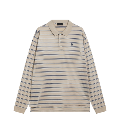 Striped Cotton Piqué Polo Shirt in Desert and Royal - Image 1