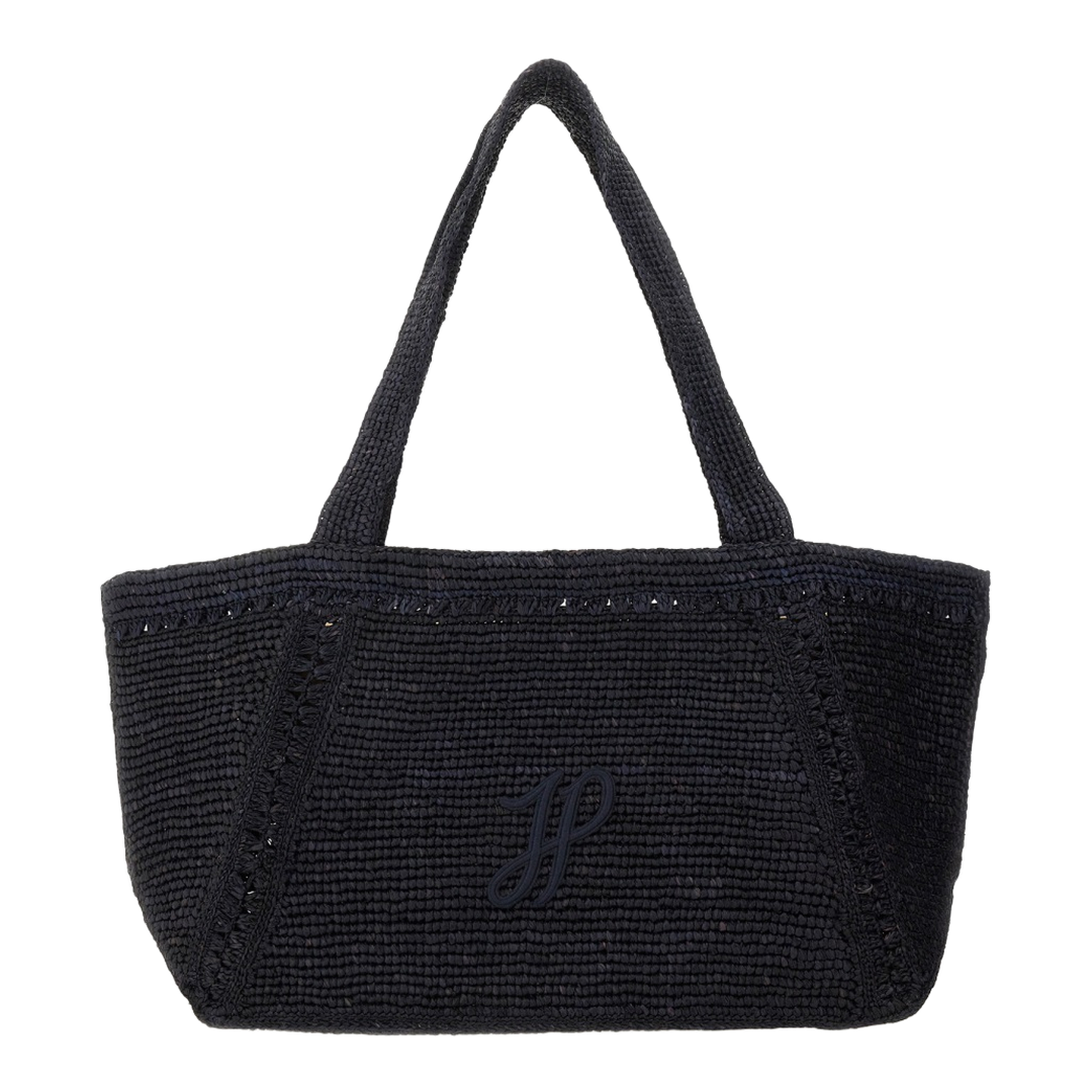 JP Monogram Large Raffia Trapeze Tote - Navy Black - Image 1