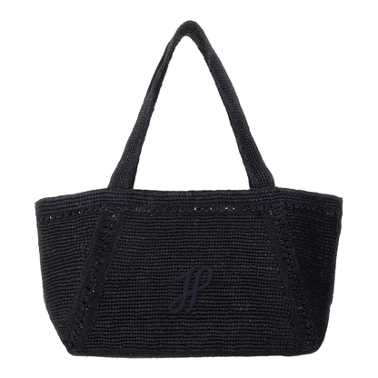 JP Monogram Large Raffia Trapeze Tote - Navy Black - Image 1