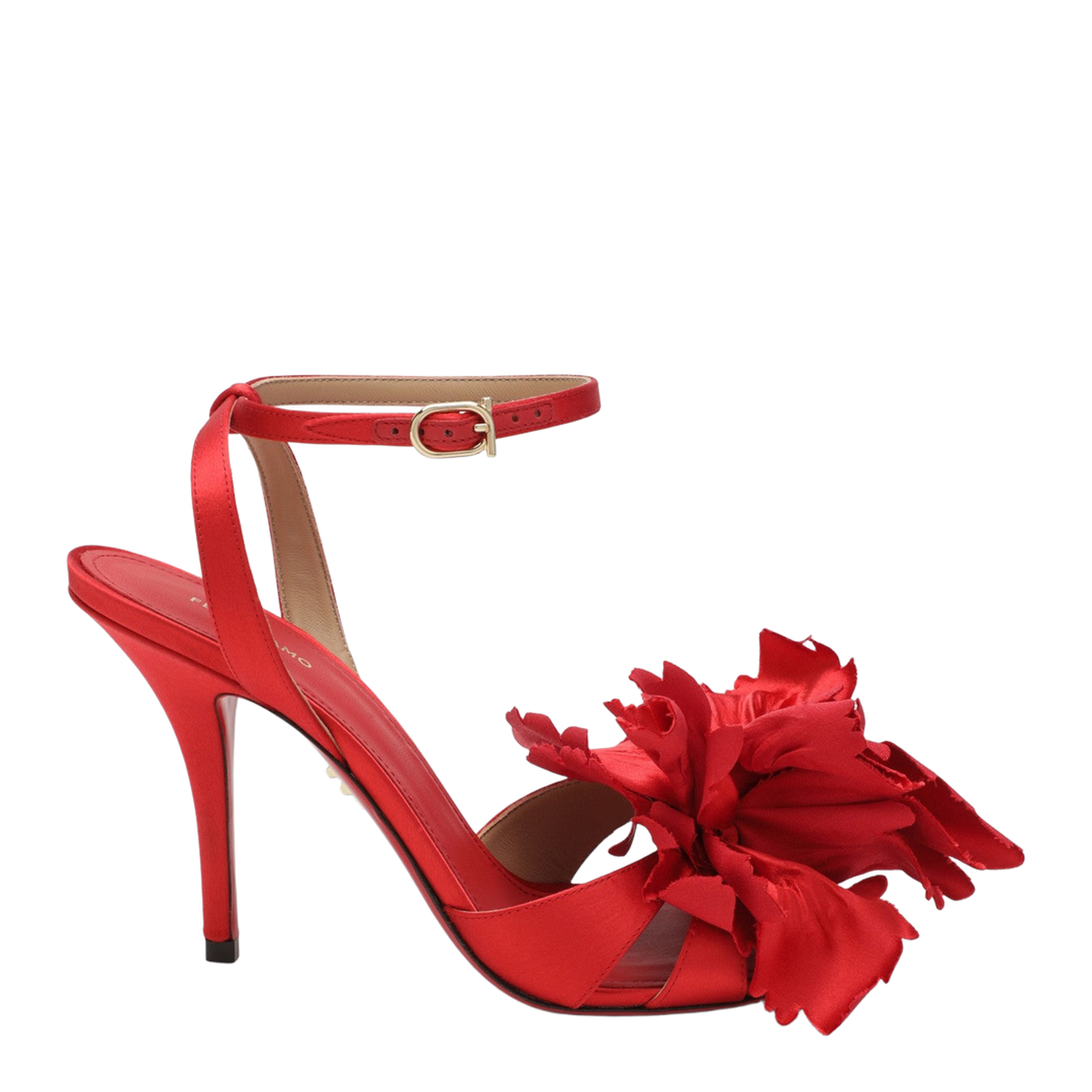 Red Satin Sandals with Flower - Image 1