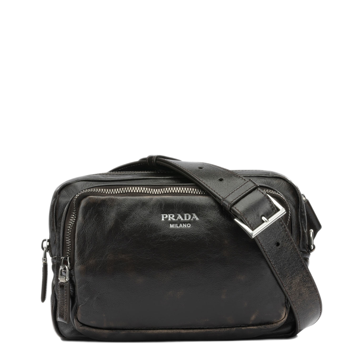 Distressed Nappa Leather Shoulder Bag - Dark Brown - Image 1