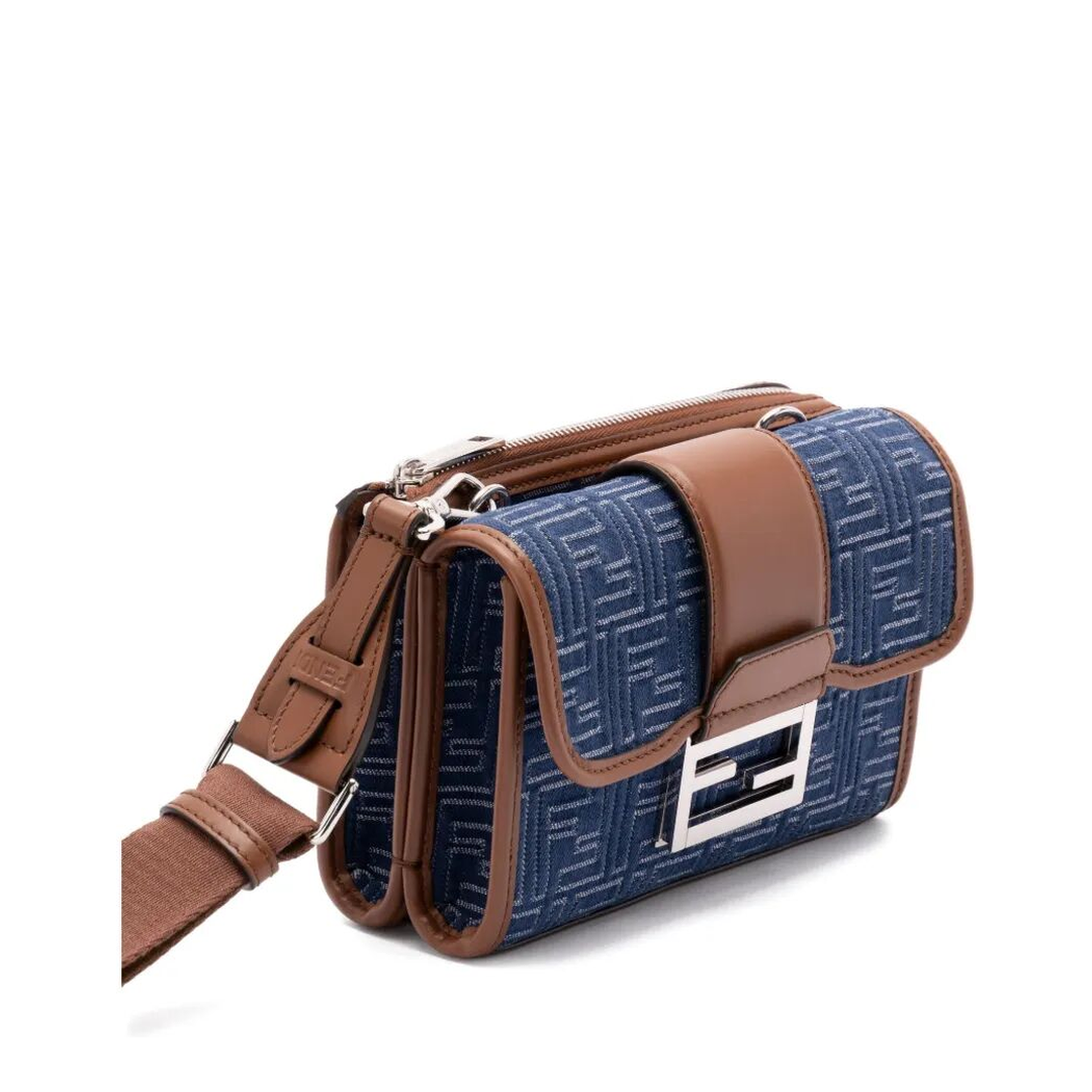 Denim-Effect FF Jacquard and Leather Double Baguette Bag - Image 3