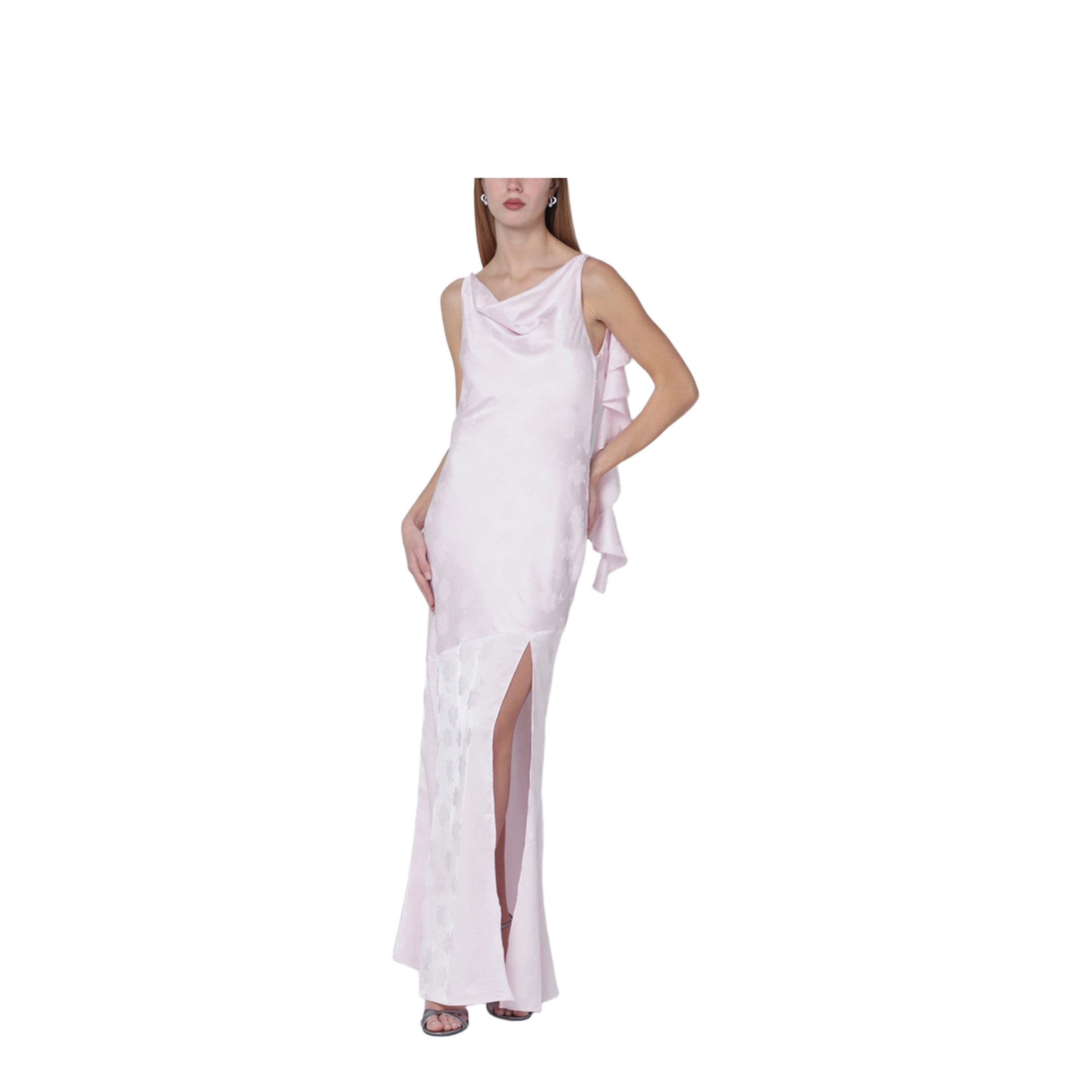 Long Pink Satin Jacquard Dress with Ruffles - Image 1