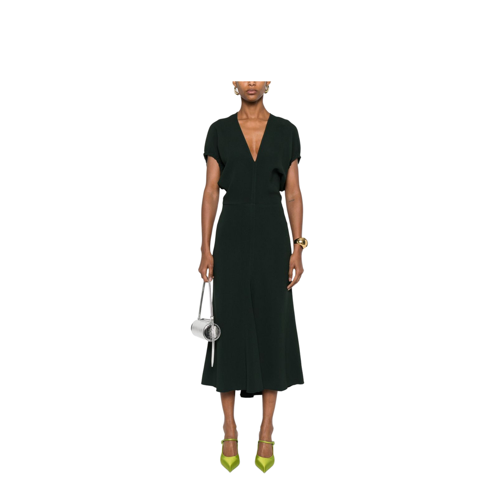 V-Neck Blouson Midi Dress in Black - Image 5