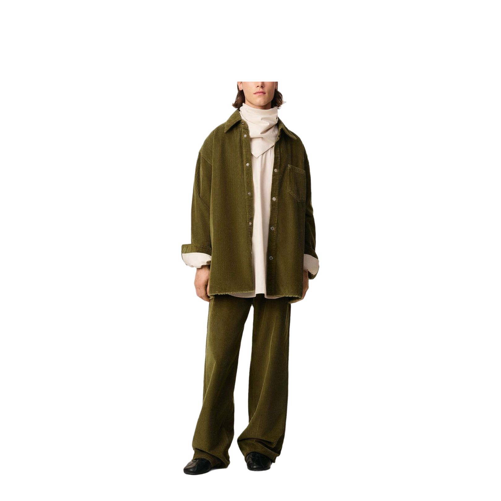 Green Cotton Corduroy Side Slit Overshirt - Image 2