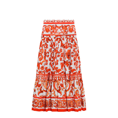 Long Maiolica-print Cotton Poplin Skirt in Orange - Image 1