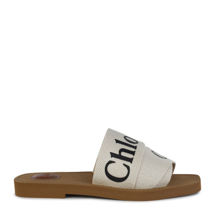 White Linen All-Over Logo Print Low Stacked Heel - Image 1