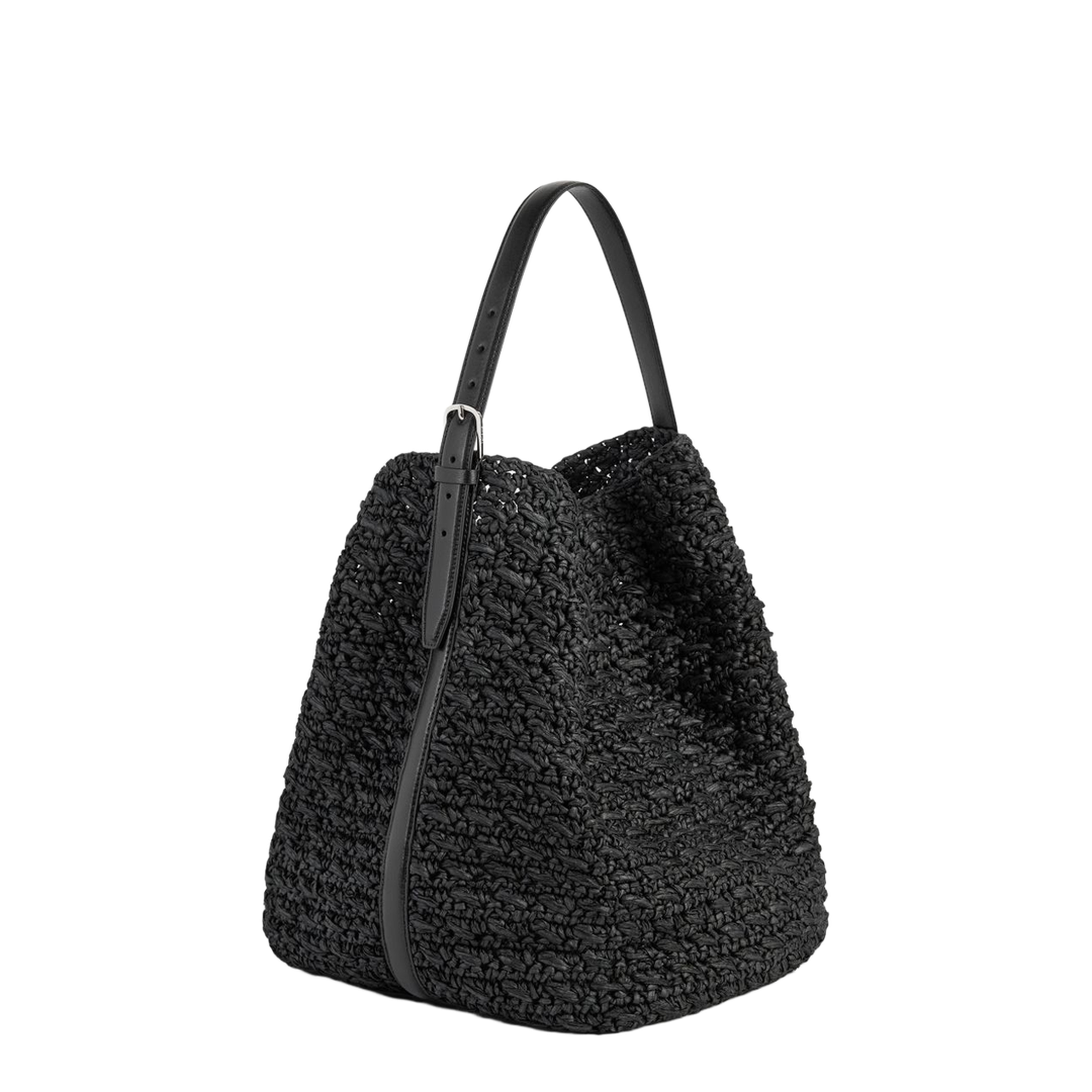 Raffia Belted Tote Bag - Black - Image 2