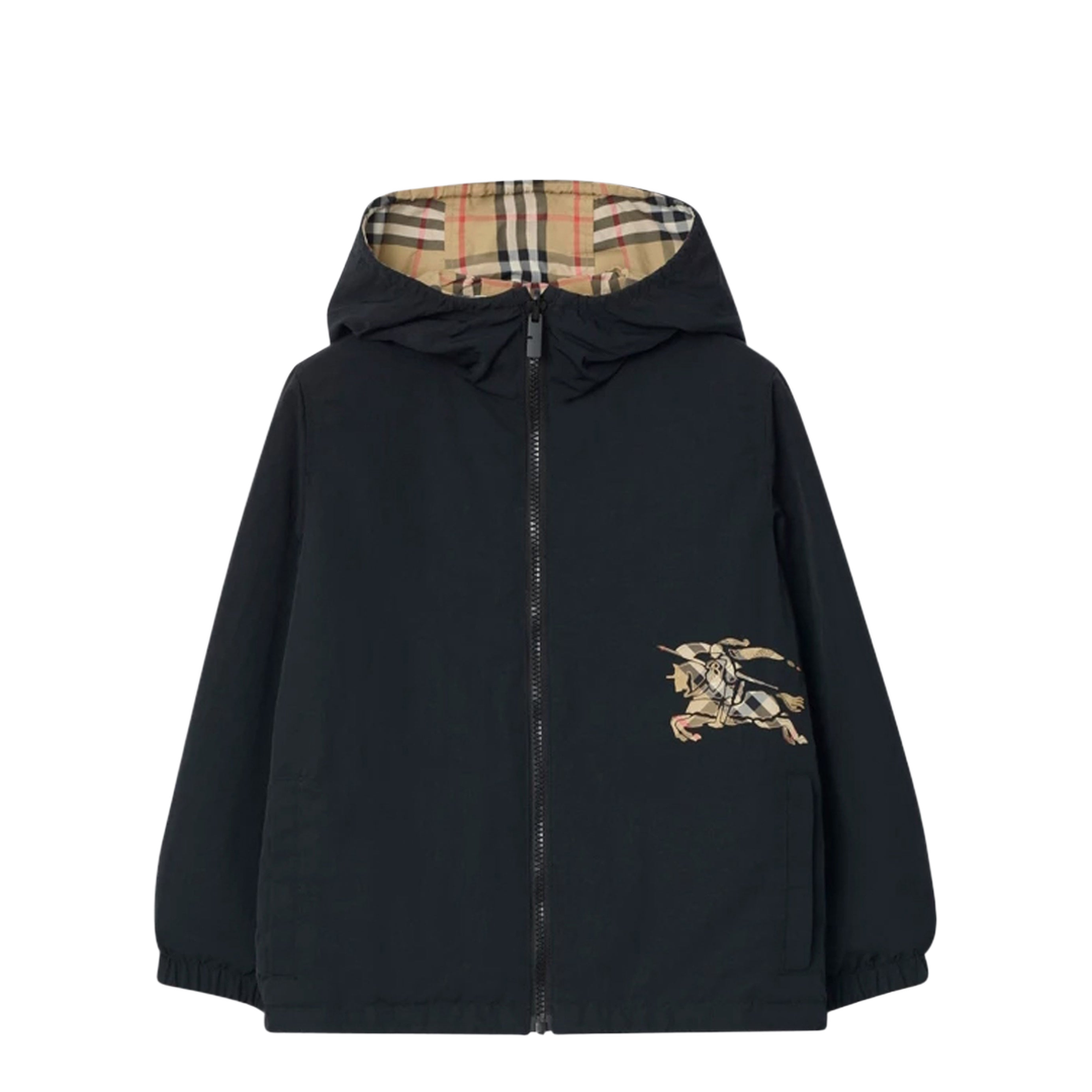 Reversible Check Hooded Nylon Jacket in Sand - Image 1