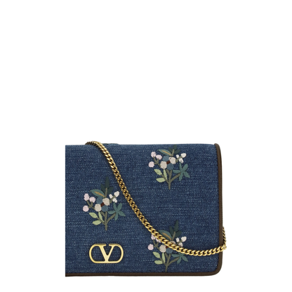 Mini VLogo Signature Shoulder Bag in Denim with Floral Embroidery - Image 4