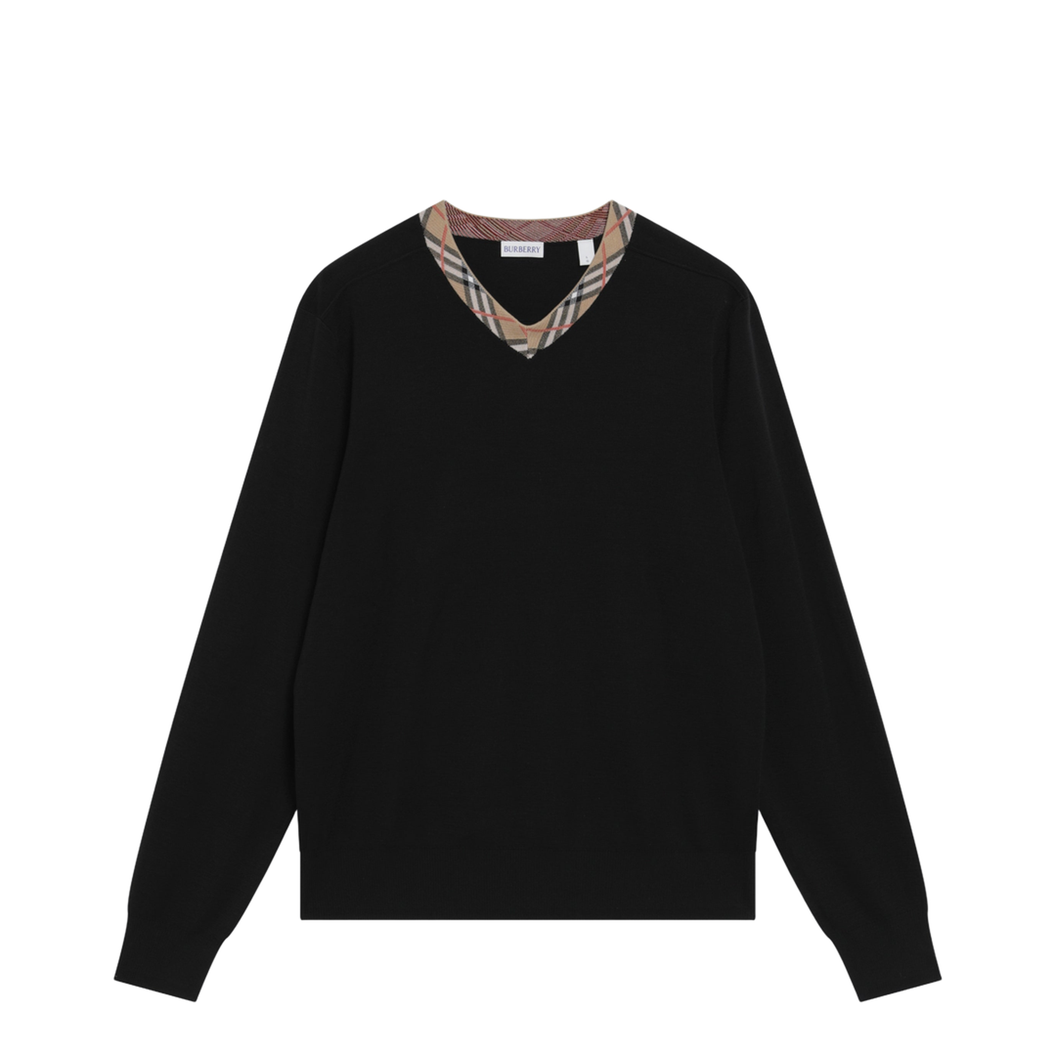 Black Wool Sweater with Check Motif Neckline - Image 1