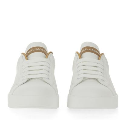 White Calfskin Low-Top Sneakers with Gold Details - Image 8