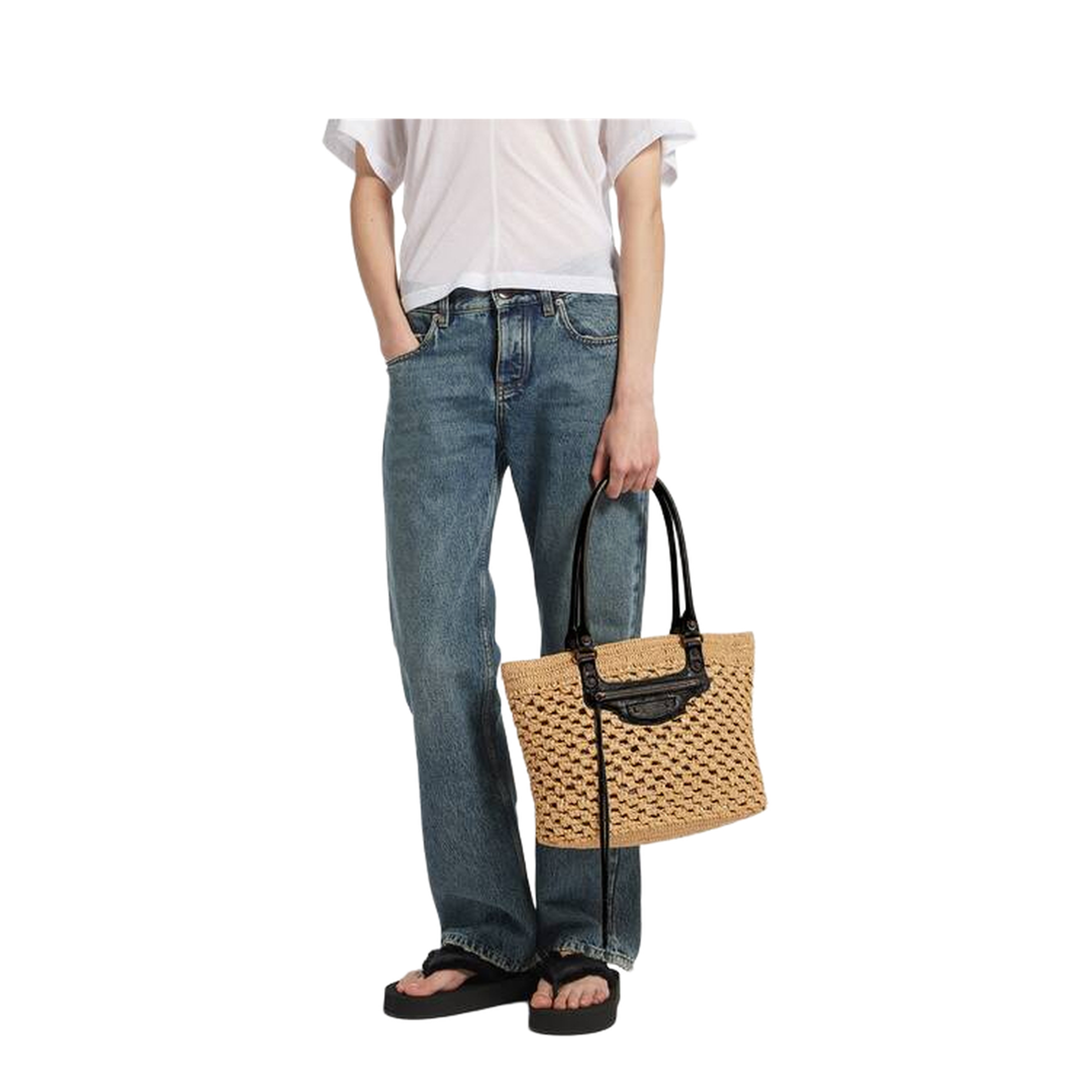 Le City Medium Raffia-Effect Fabric Basket Bag - Natural/Black - Image 4
