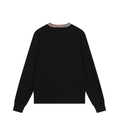 Black Wool Sweater with Check Motif Neckline - Image 2