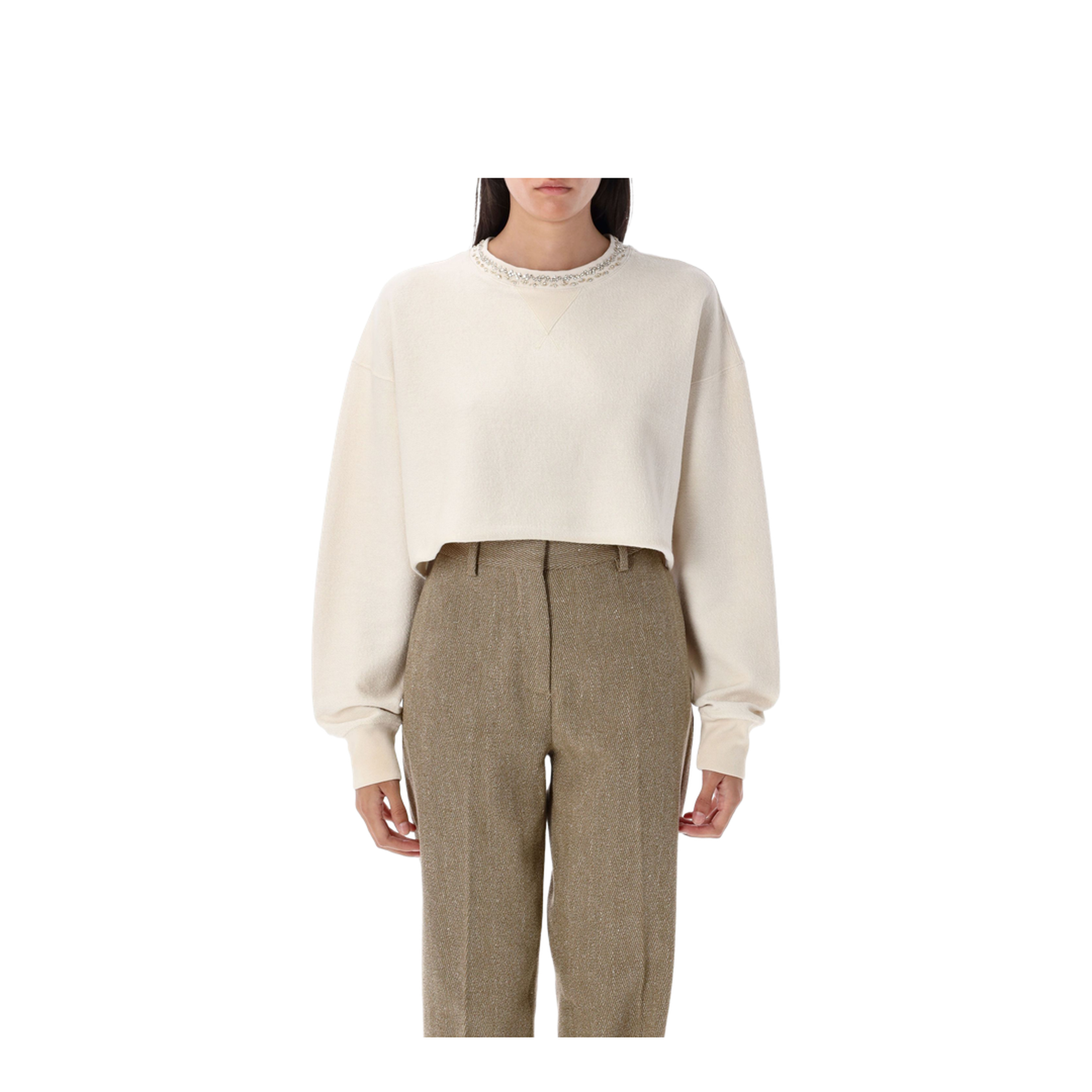 Cream Cotton Cropped Sweatshirt with Crystals - Image 1