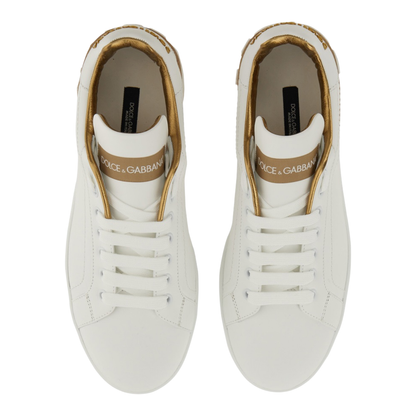 White Calfskin Low-Top Sneakers with Gold Details - Image 7