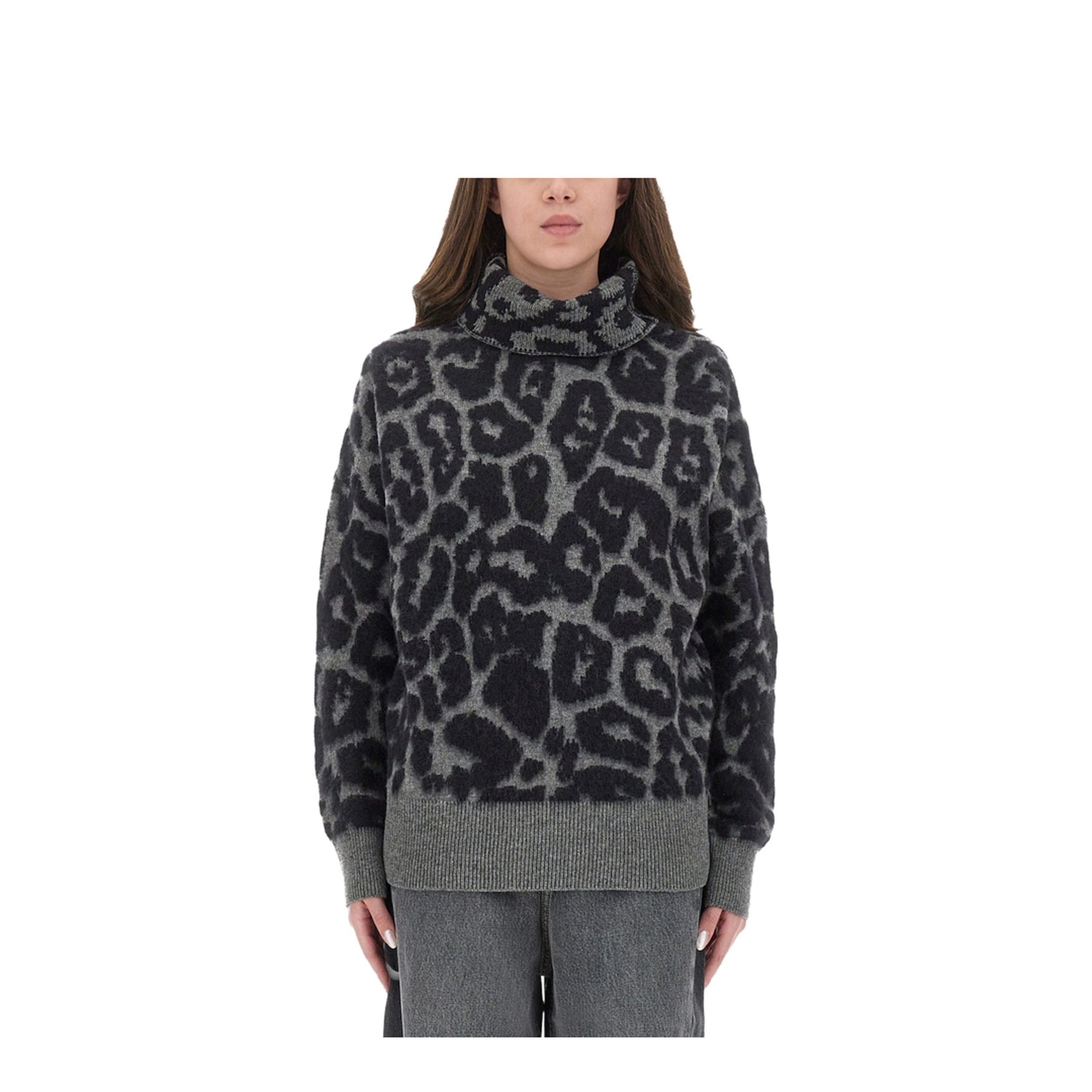 Black/Grey Leopard Jacquard Turtleneck Jumper - Image 1