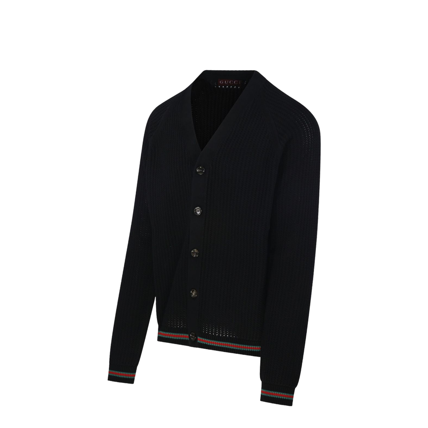 Cotton Knit Cardigan with Web in Black - Image 3