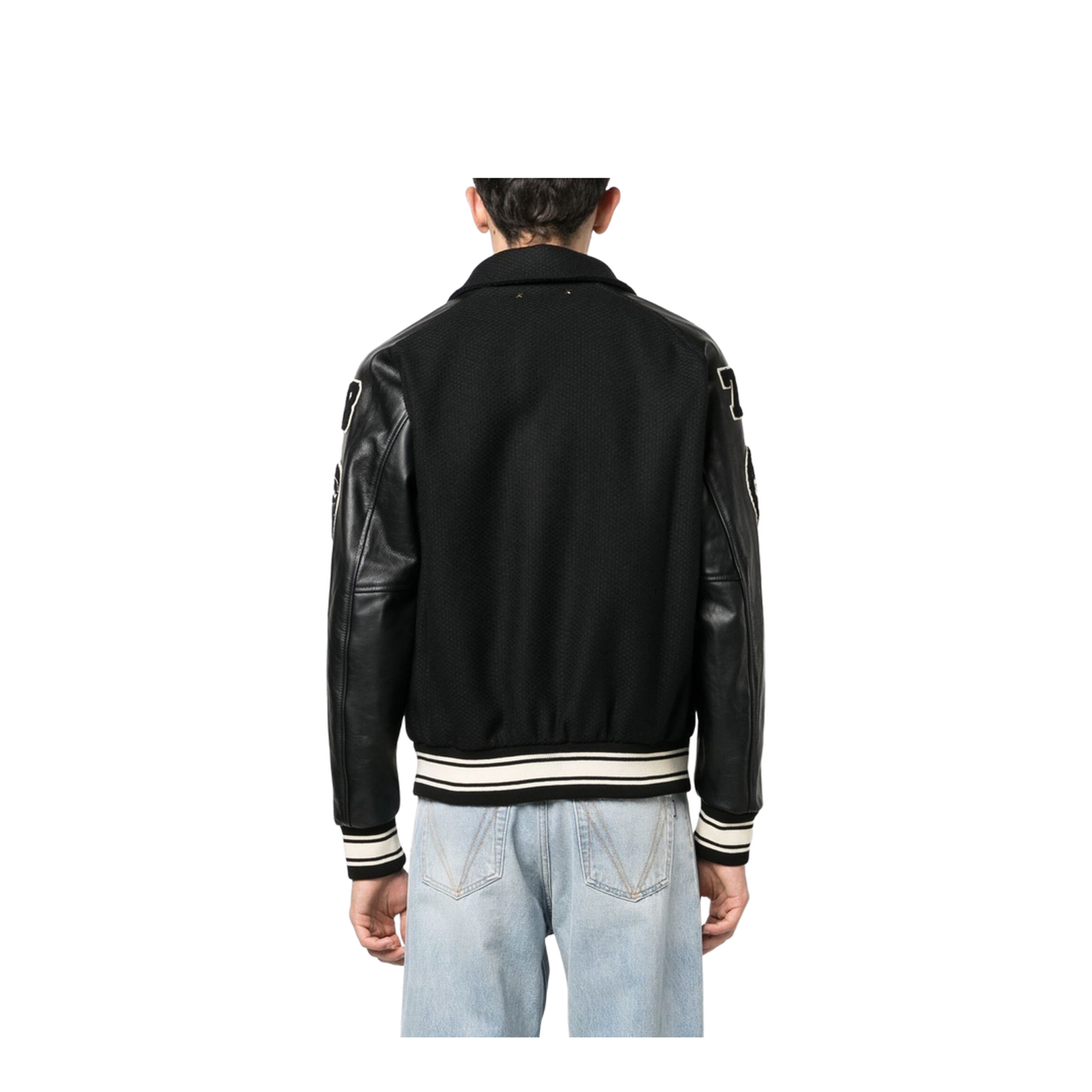 Black Wool Bomber Jacket with Patch - Image 3