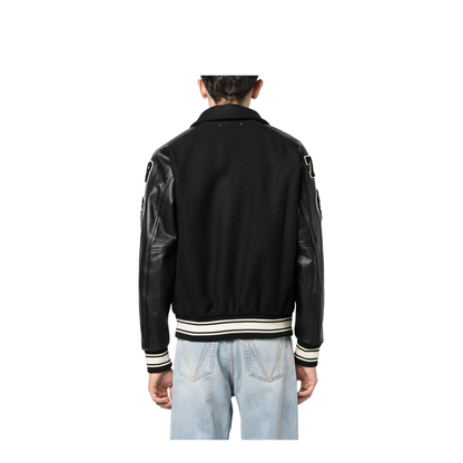 Black Wool Bomber Jacket with Patch - Image 3