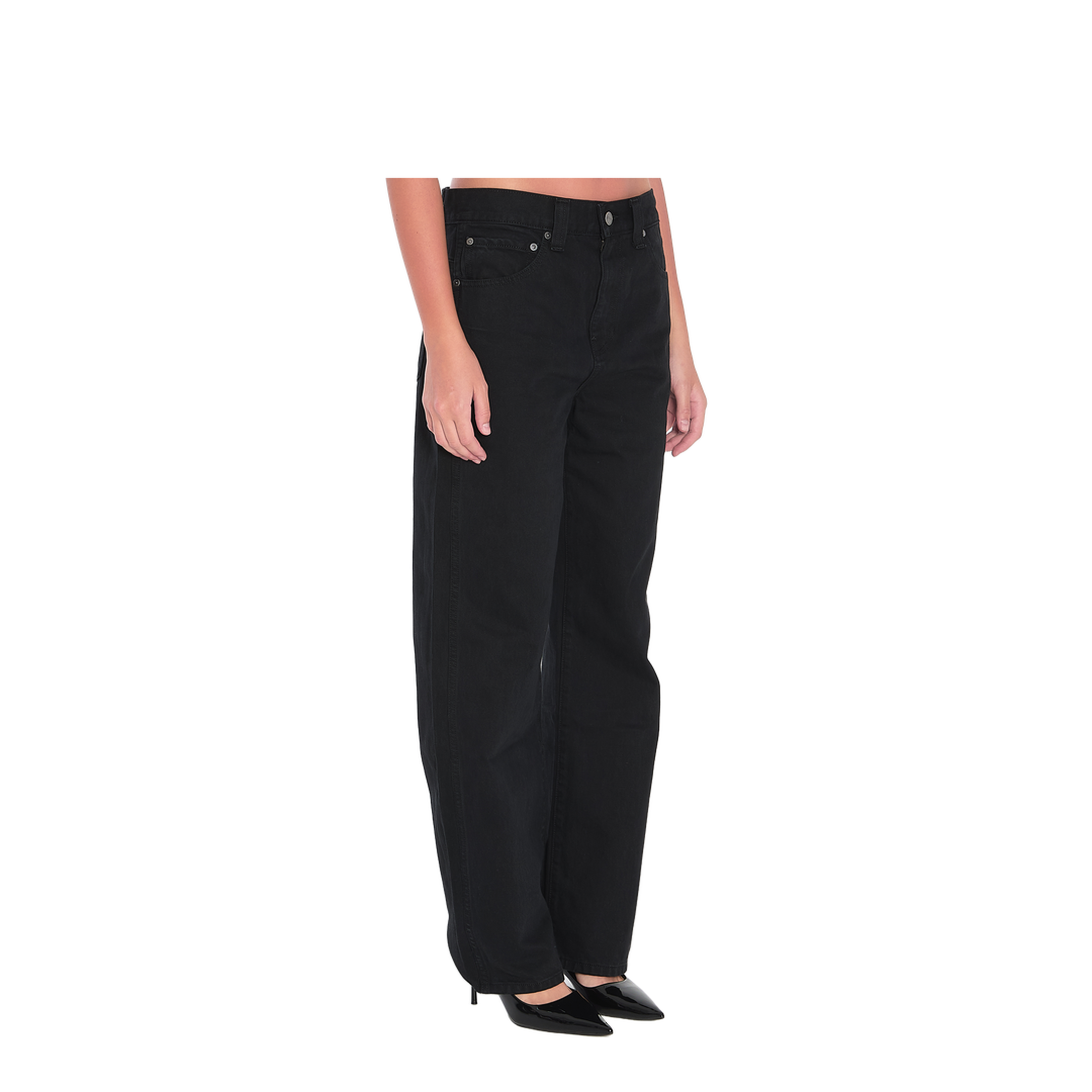 Black Cotton Five-Pocket Design Straight Leg Pants - Image 2