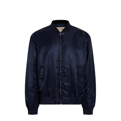 Shiny Navy Blue Zip-Up Bomber Jacket - Image 1