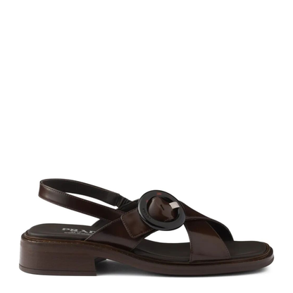 Brushed Leather Crisscross Band Sandals with Plexiglas Buckle - Image 1
