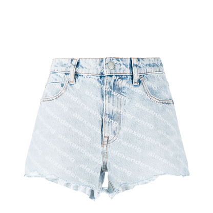 All-Over Logo Printed Denim Shorts - Image 1
