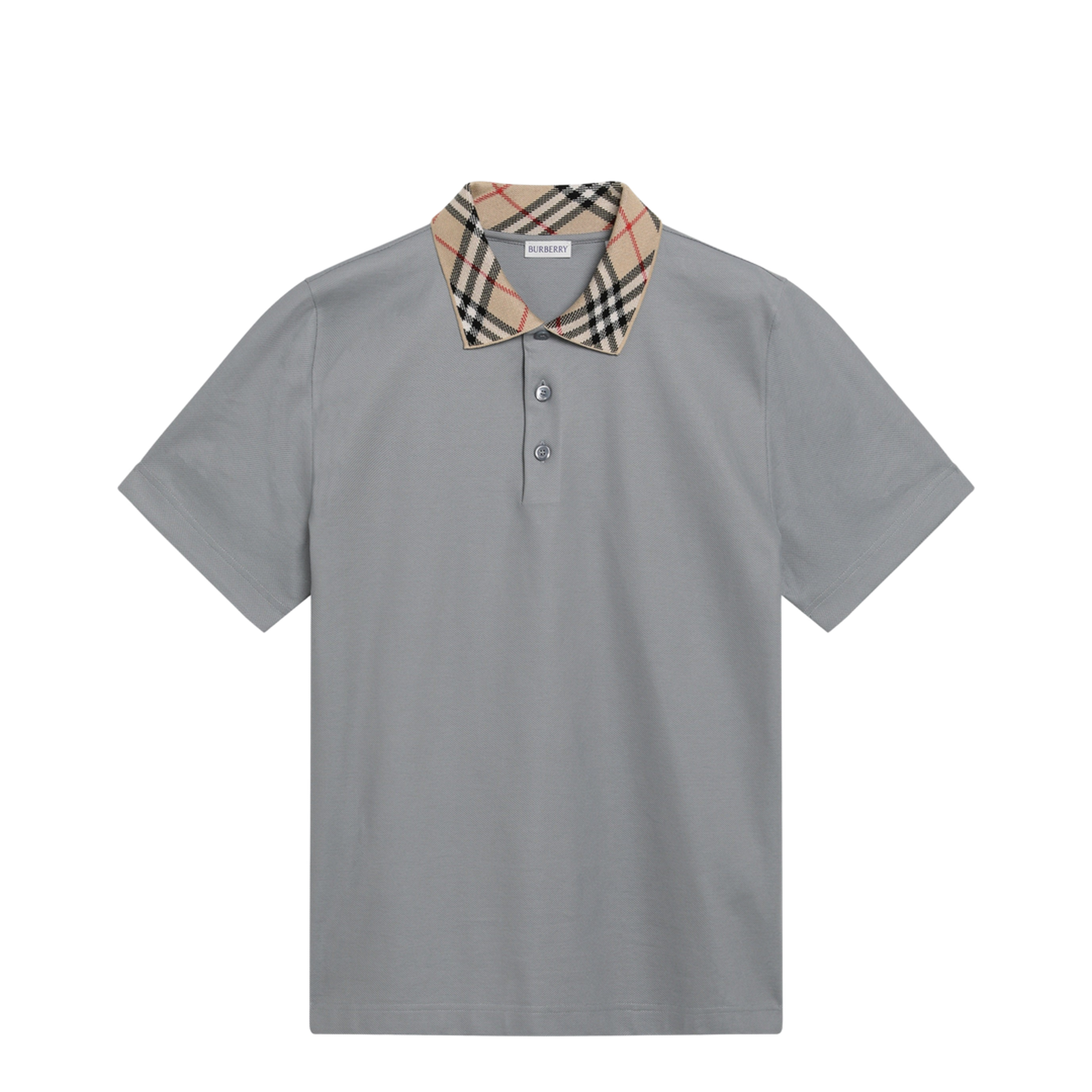 Grey Cotton Polo with Check Collar - Image 1