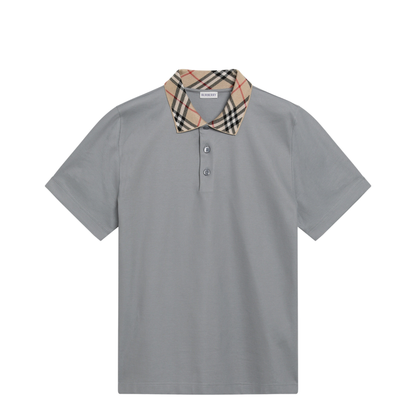 Grey Cotton Polo with Check Collar - Image 1