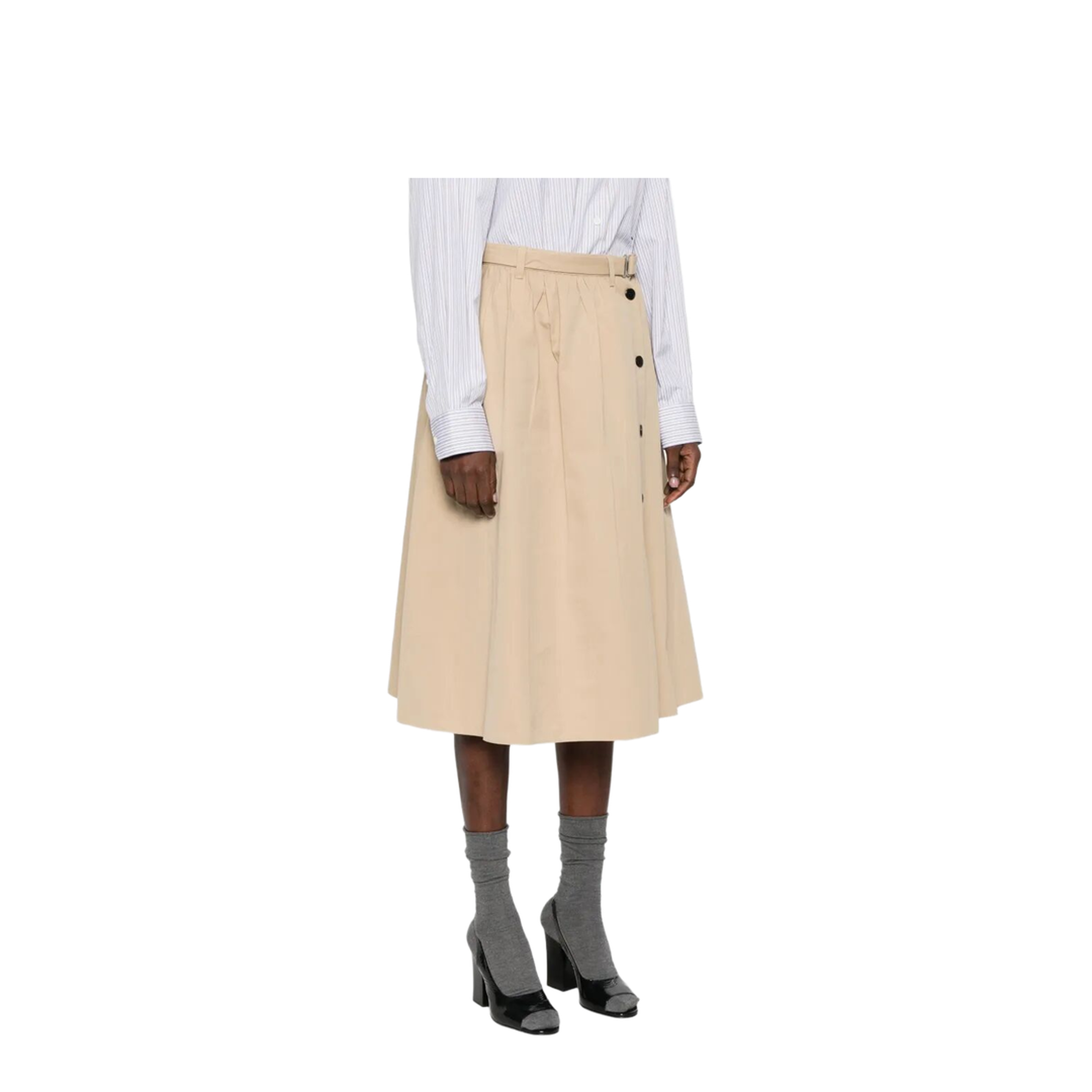Button-Detail Belted Cotton Midi Skirt - Image 4