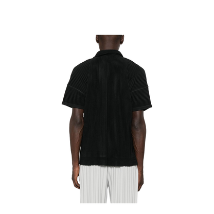 Black Pleated Texture Short Sleeves Button Fastening Straight Hemline - Image 4