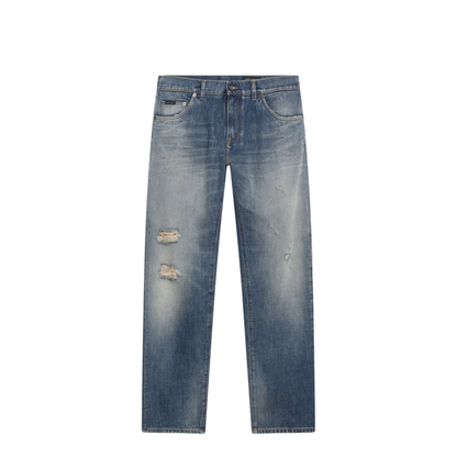 Blue Washed-Effect Jeans with Logo Plaque - Image 1