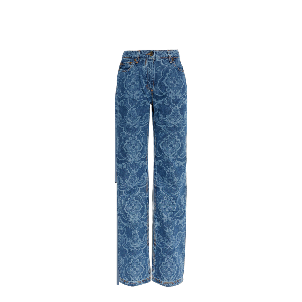 Jacquard Denim Jeans With Ornamental Pattern - Image 3