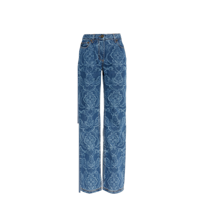 Jacquard Denim Jeans With Ornamental Pattern - Image 3